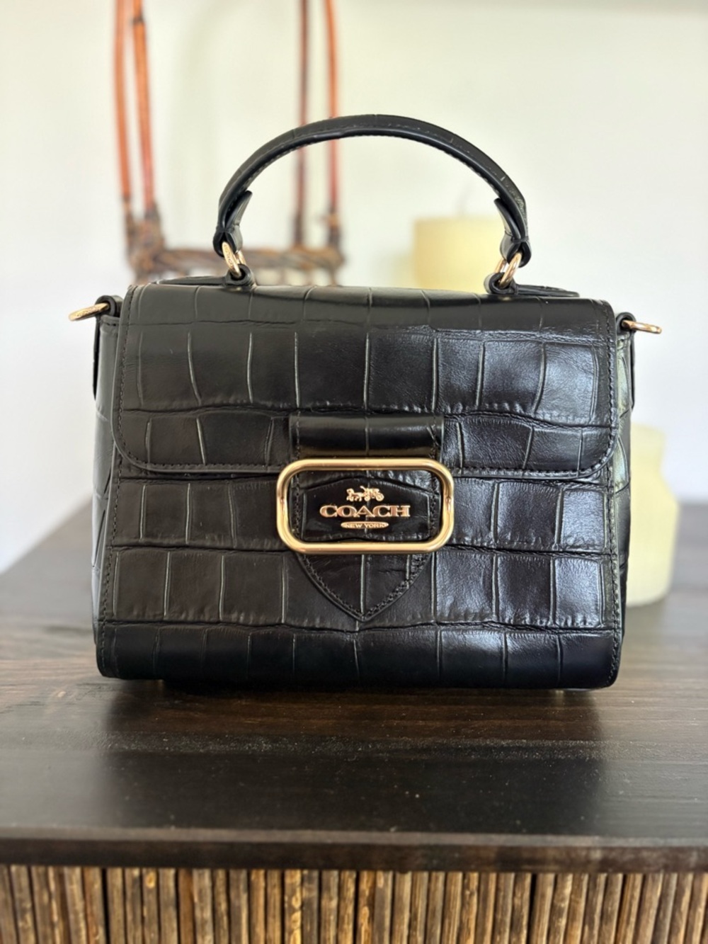 Coach Black Croc-Embossed Leather Top-Handle Satchel with Gold Hardware